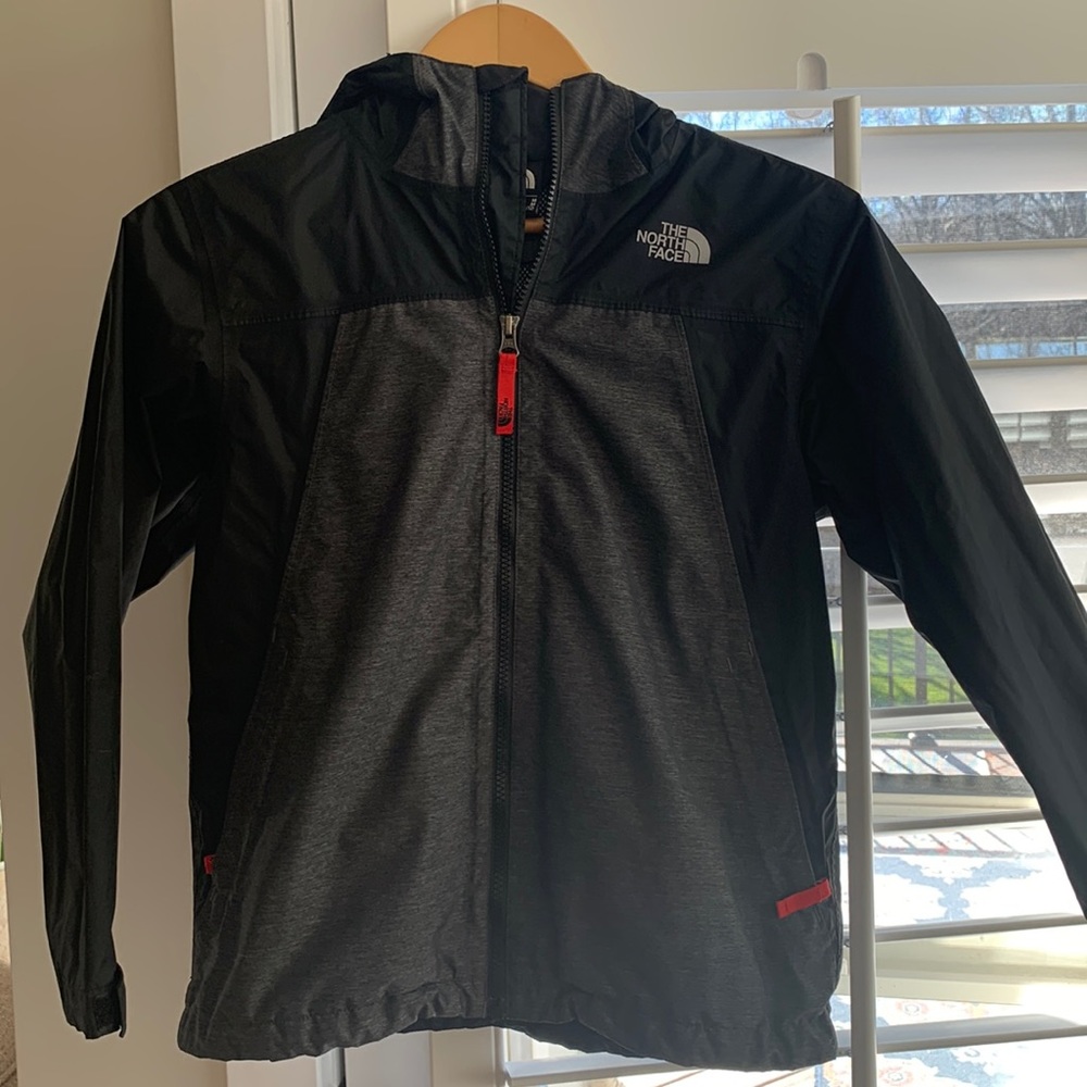 Boys black, gray and red North Face rain coat